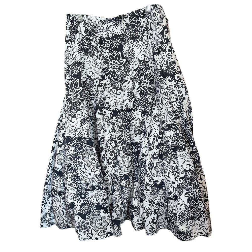 Chico’s Black White Panel Floral A-Line Fit Flare Knee Length Skirt S Festival